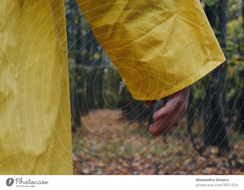 Close up to a hand with yellow rain jacket in the forest. Hand Yellow Jacket Rain Rain jacket Forest