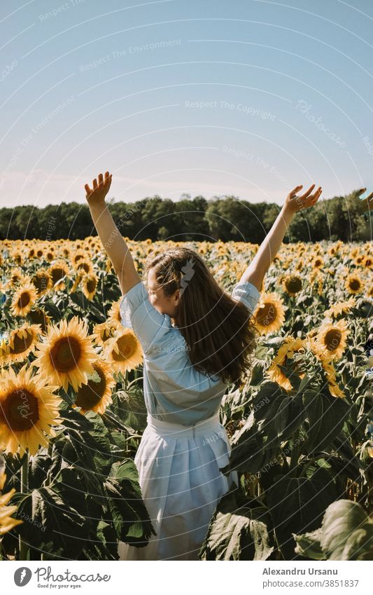 Happy girl in sunflower field. happy Sunflower field Summer
