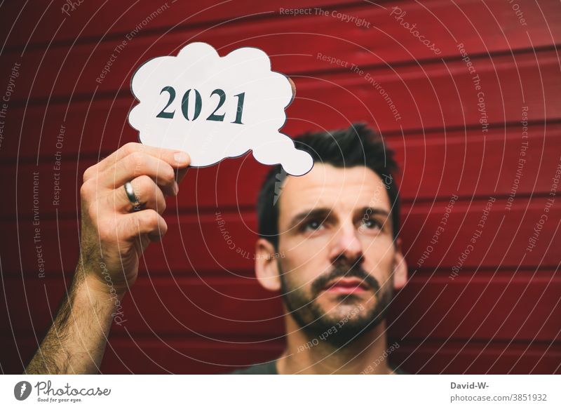 in thoughts next year 2021 Man thought bubble Think Future New Year's Eve Worries Ambiguous