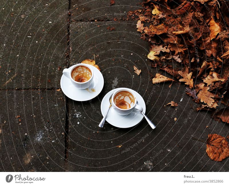 In November 2020: Street café Espresso Cup Beverage Coffee Coffee cup leaves Autumn Footpath Spoon espresso cup lockdown Pandemic - disease corona corvid-19