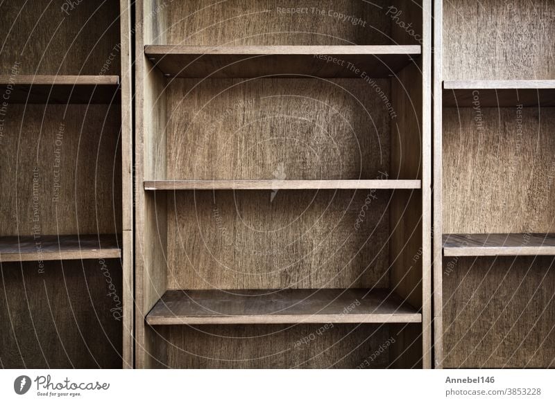 Empty wooden book shelf with or storage rack modern retro design, copy space background texture empty store bookshelf shop blank interior box square gallery