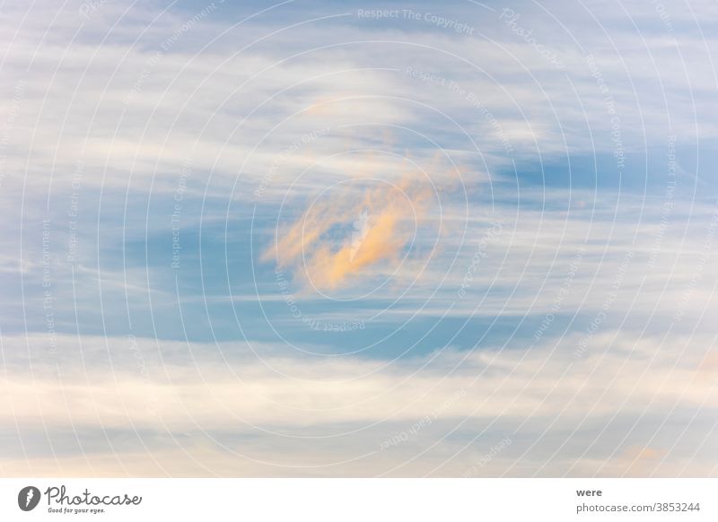 Orange clouds between white veil clouds in the blue sky Background Pattern cloudiness copy space haze nobody scenery sky phenomenon steam weather forecast