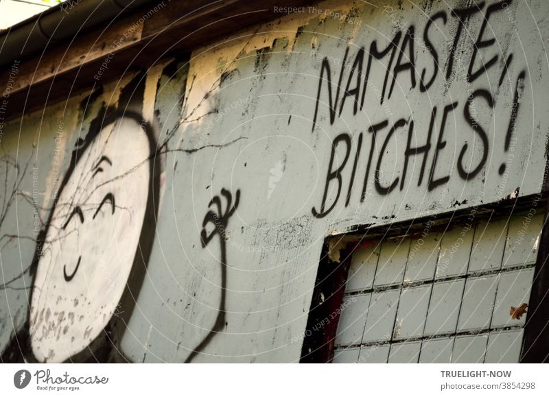 Kunst am Bau | NAMASTE, BITCHES! is written in black letters on the grey green wall of an old warehouse, with a thin arm with claws fingers and a conspicuously innocent-looking white moon face Grafitti