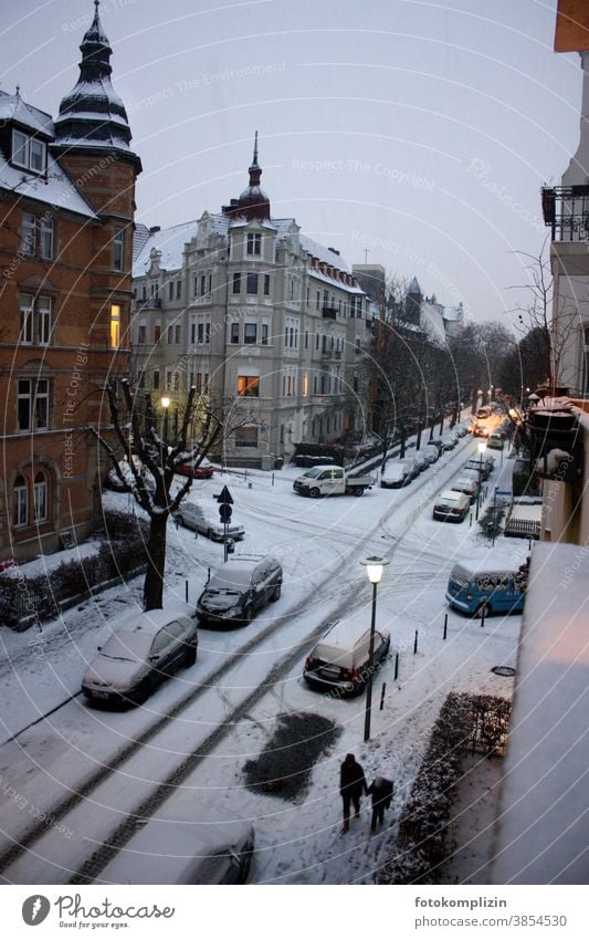 View of snow-covered street crossing in the old building quarter snowy way to school Snow Winter mood snowed over Crossroads Art nouveau house cold season