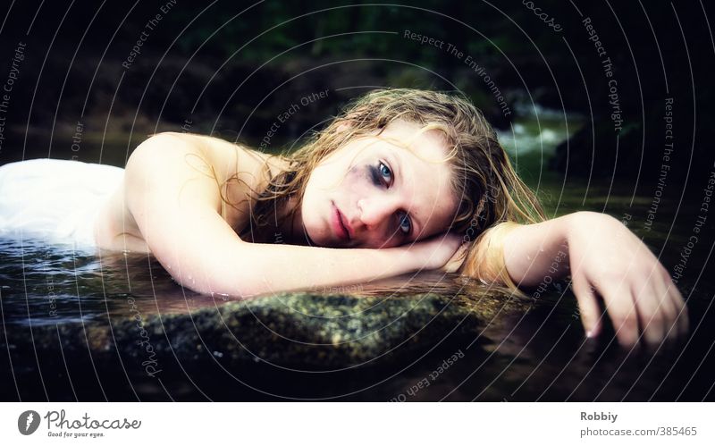Waternymph II Feminine Young woman Youth (Young adults) Head 1 Human being Nature Rock Lakeside River bank Pond Brook Stone Blonde Lie Sadness Cry Dark Trashy