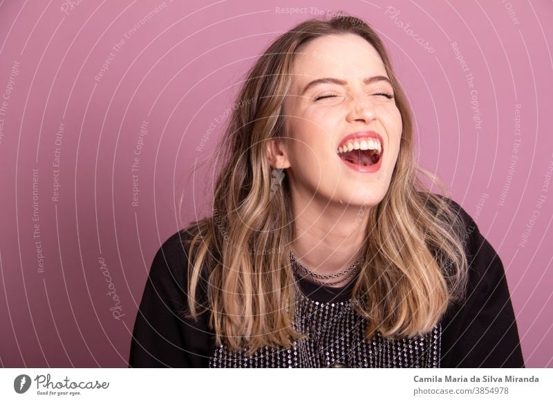 studio photo with young, Brazilian woman laughing attractive background beautiful beauty casual cute emotion expression face fashion female fun girl good vibes