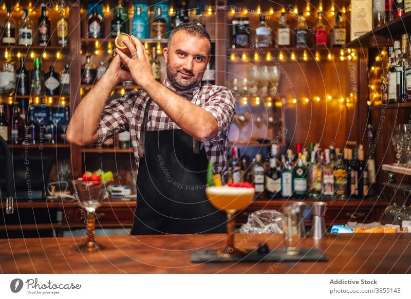 Cheerful barman mixing cocktail in shaker bartender happy counter glass work male middle age mature job mixologist excited apron checkered shirt pub restaurant