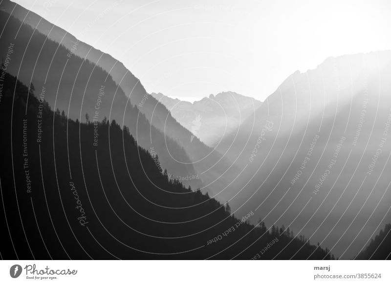 Black and white light variations in the mountains mountainous Silhouette Twilight Landscape Evening Meditation Dawn Adventure silent tranquillity Well-being