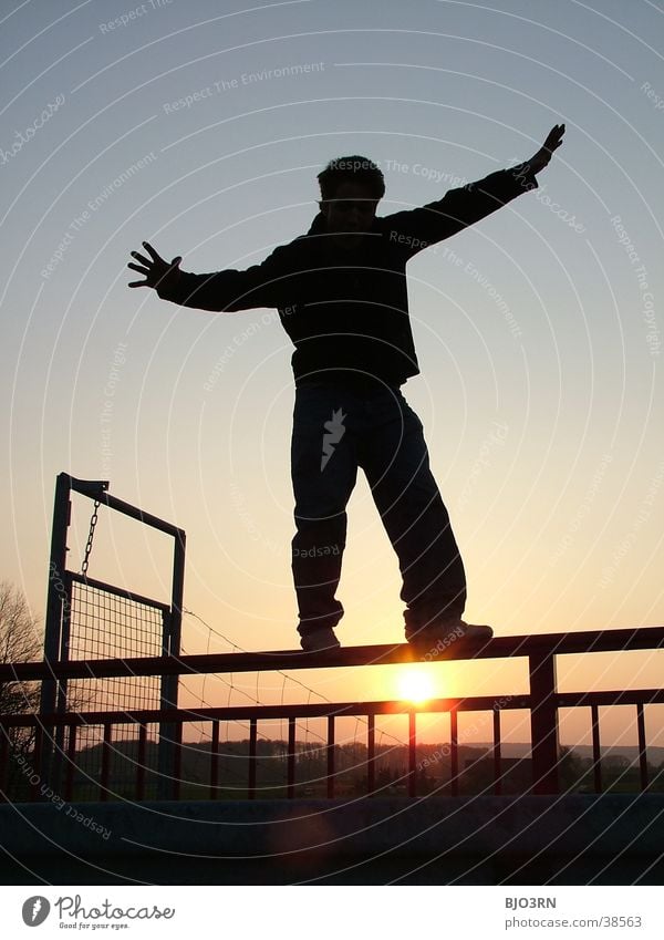 Poser in decline Sunset Fellow Man Black Wire fence Balance Contentment Handrail Guy Human being Shadow Sky Door Silhouette