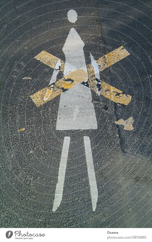 wife, crossdressing Street Woman Asphalt symbol Pictogram Crucifix X crossed out Image Colour Black White Yellow Orange Head Legs Arm Dress Lane markings Sexism
