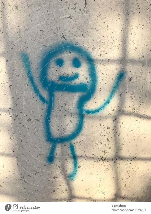 A happy stickman with his arms stretched upwards. Hurray, joy. Graffiti Stick figure Joy amused hooray Sieg Pride Blue Youth culture Wall (building) Subculture