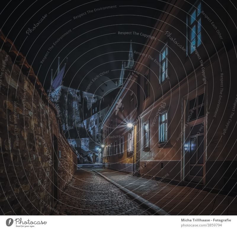 Erfurter Altstadtgasse with view to the cathedral at night Erfurt Cathedral Town Old town Collegiate Lane Alley Old Town Lane pavement Cobbled pathway Night