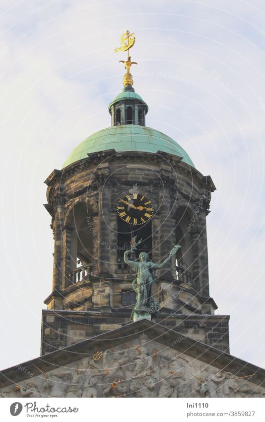 Belfry of the Royal Palace in Amsterdam with gilded weather vane Bell tower Building Architecture Tourist Attraction Netherlands King's palace medieval