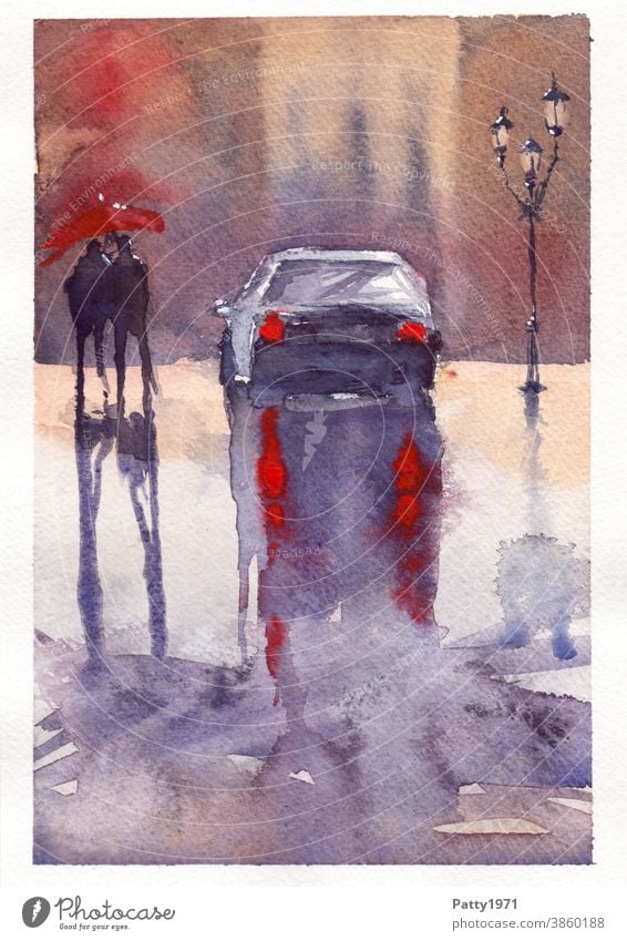 Abstract watercolor. Two people with red umbrellas, a car and a street lamp on a wet road. Watercolors persons Silhouette painting Art