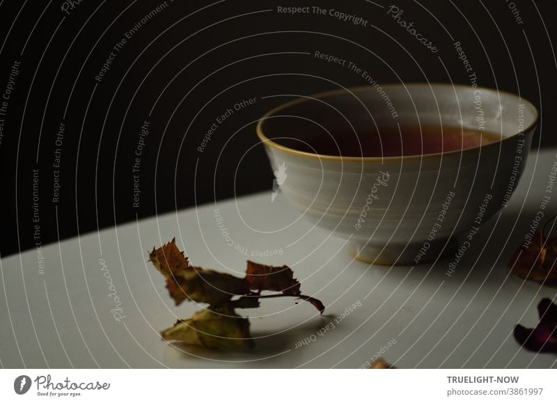 On a white round table with a few dry leaves in front of a neutral dark background stands a grey Chinese bowl with freshly brewed black tea, dimly lit by the soft early light of the day