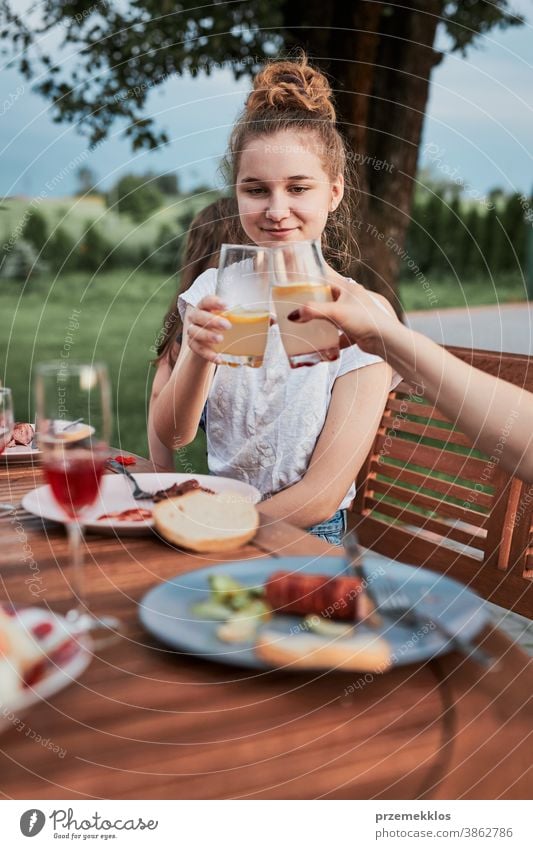 Family making toast during summer picnic outdoor dinner in a home garden feast having food man together woman child barbecue table eating gathering people
