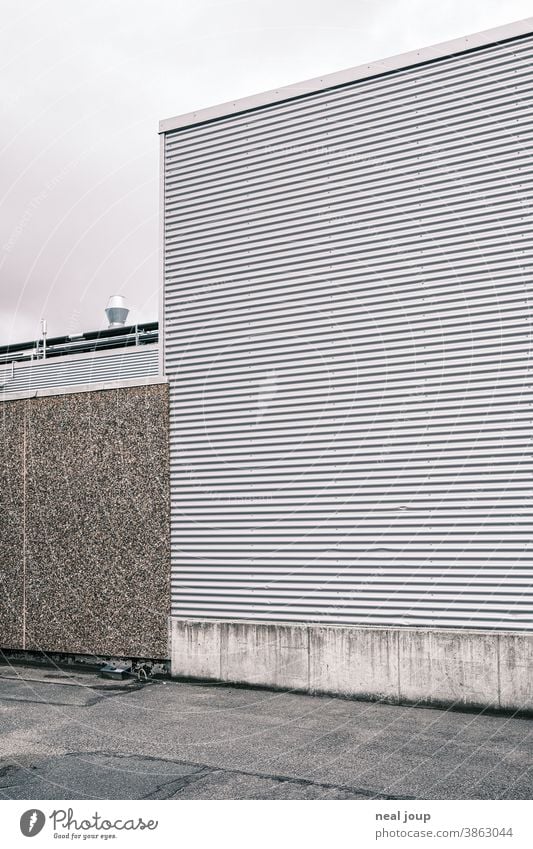 Facade of a warehouse - corrugated sheet metal Building Industry Warehouse Harbour Gray Gloomy Wall (barrier) on the outside Dismissive Wall (building) Storage