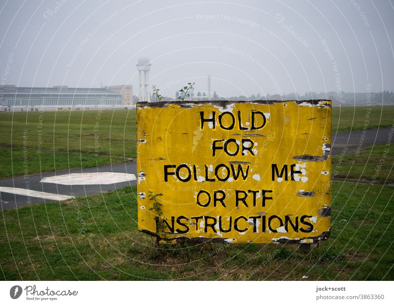 Follow me in the fog as instructed Airport Tempelhof Field tempelhofer freedom Signs and labeling Assignment Ravages of time Panorama (View) foggy