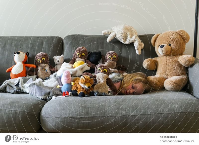 Stuffed Toys Collection on Sofa with Child Sleeping girl sleep toy sofa caucasian stuffed toy teddy bear plush 1 person asleep day nap napping couch collection