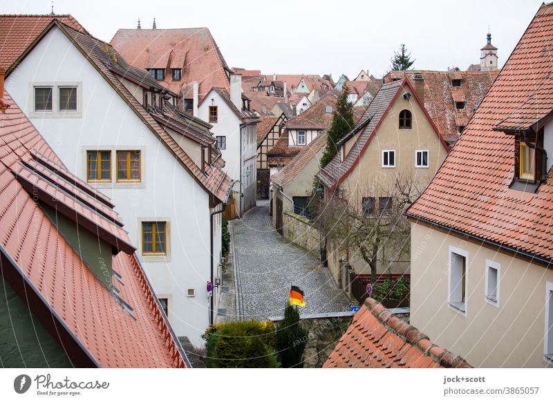 View into the old town Old town Historic Panorama (View) city view Town Architecture City trip Nördlingen Roofscape Alley Facade Gable roofs German flag Winter