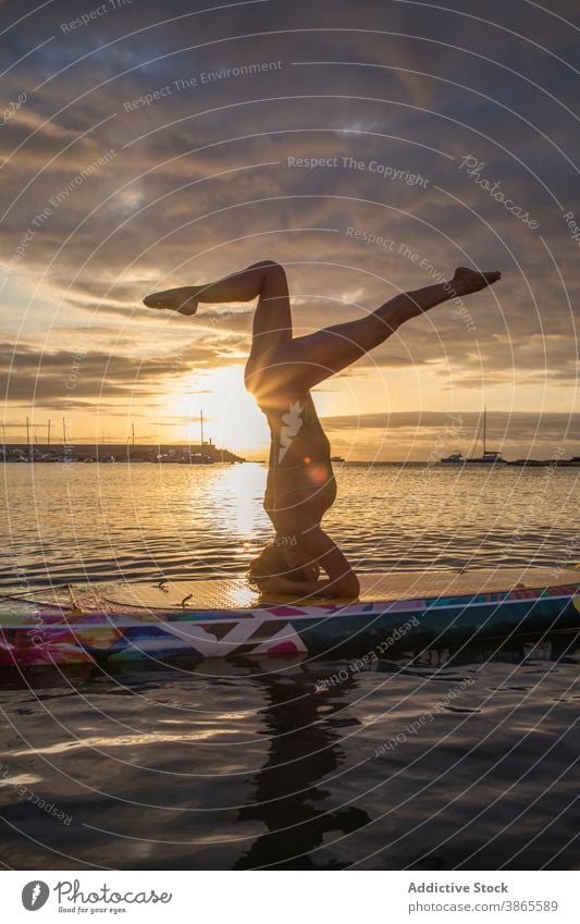 Woman doing headstand on paddle board at sunset woman yoga salamba sirsasana sea pose water float paddleboard slim flexible fit female position healthy practice