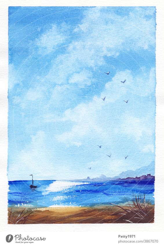 Watercolor painting. Sea beach with small sailing boat and blue cloudy sky Watercolors Art Creativity Beach Ocean Sky Clouds Deserted Painting (action, artwork)