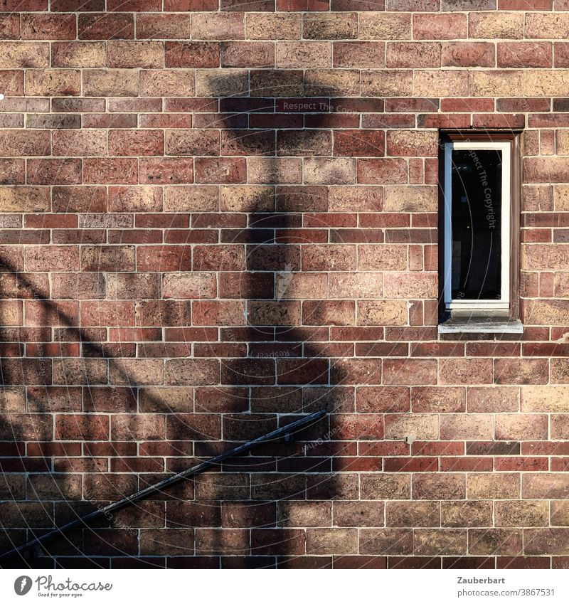 brick wall, shadow of a lantern, stairs and windows Shadow Lantern Stairs rail Banister Window Brown Auburn Black ascent Descent