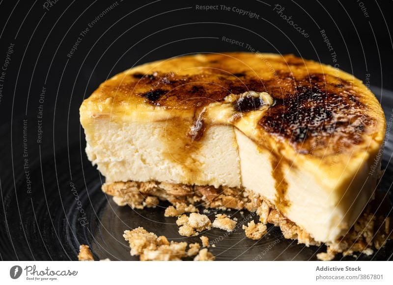 Sweet cheesecake with creme brulee dessert sweet treat sugar caramel burn bakery plate delicious serve fresh portion nutrition appetizing dish yummy culinary