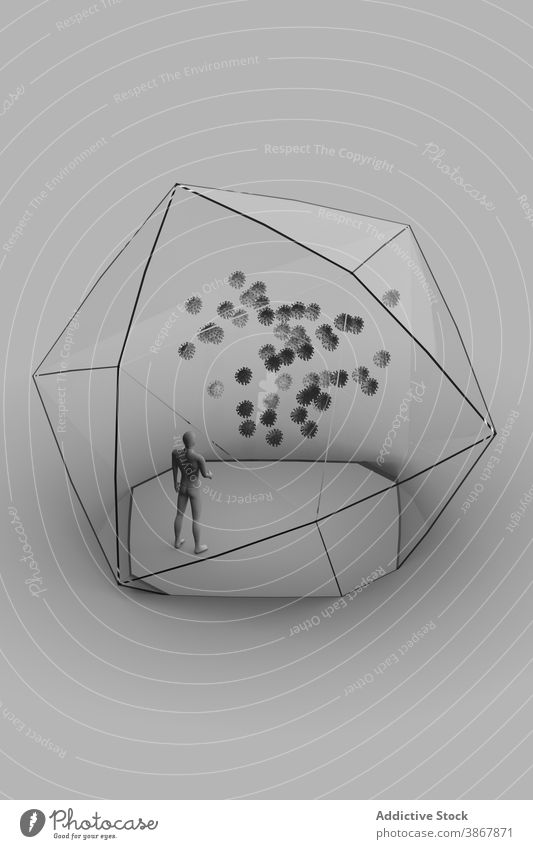 3d design with man inside glass polyhedron with cells virus concept abstract figure illustration florarium transparent shape danger environment humanity science