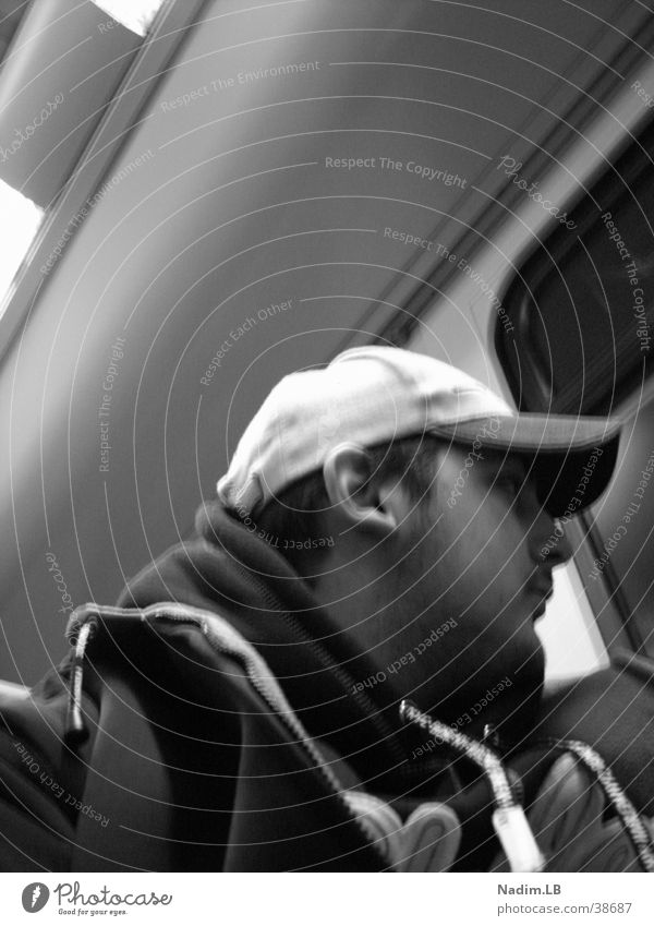 suburban train Commuter trains Man Black & white photo look out