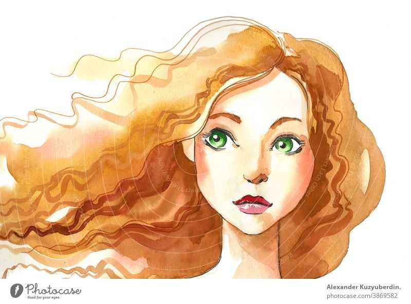 Pretty girl with green eyes. Ink and watercolor drawing woman female beauty lady . face character art artwork background illustration sketch ink