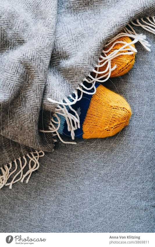 Wool socks Knit Blanket warm Winter cuddly Gray Striped Yellow Knitted feet Warmth Soft Handcrafts Colour photo Interior shot Knitting pattern Wooly