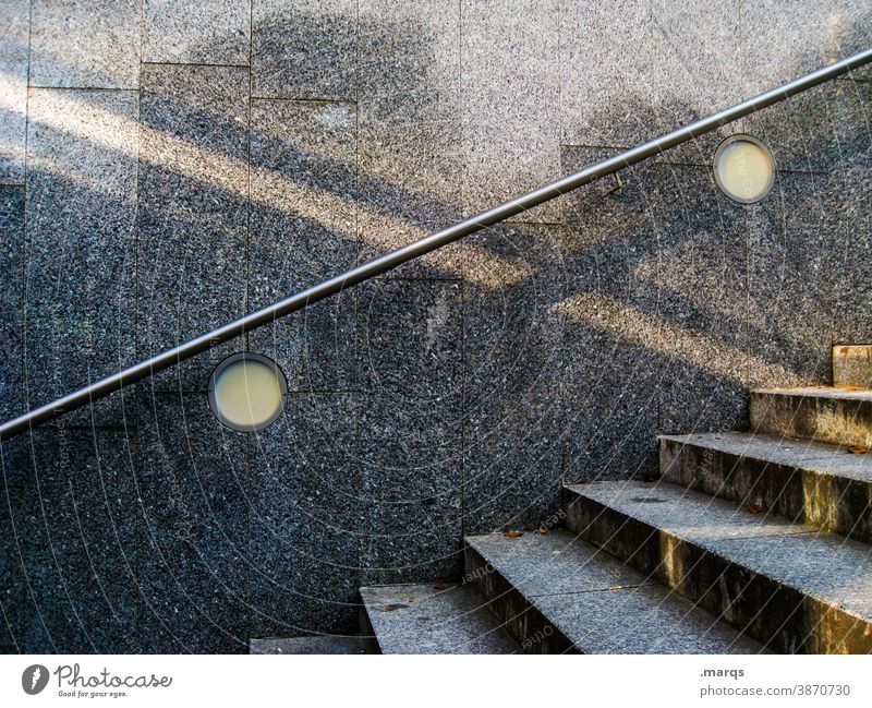 Stairs with shadow and reflection Banister Shadow Light Reflection Wall (building) Gray ascent High-rise Building Architecture Town
