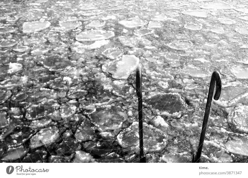 Ice soup with pieces Water ice floes initial assistance handrail Elbe Hamburg Harbour Wet Moody Maritime drive Cold be afloat drift Snow fragments