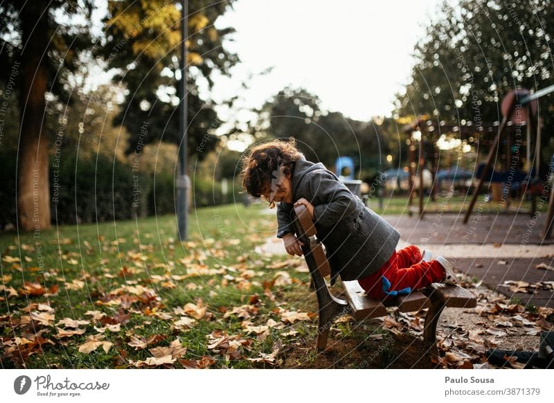 Child playing at the park Autumn Authentic Autumn leaves Autumnal fall Park Girl Nature Autumnal colours Exterior shot Leaf Colour photo Autumnal weather