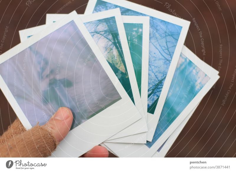 Six polaroids in one hand with gloves. Pastel colors stop Hand Gloves six pastel Photography Analog Memory Sentimental Nostalgia amass