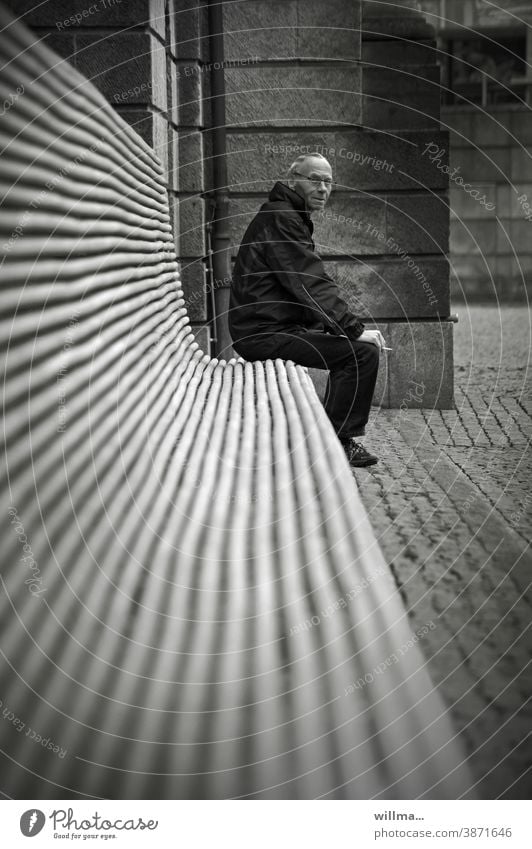 Alone. The search for closeness - waiting for company Senior citizen Man Sit Bench on one's own Loneliness long bench Lonely twilight years gap loner