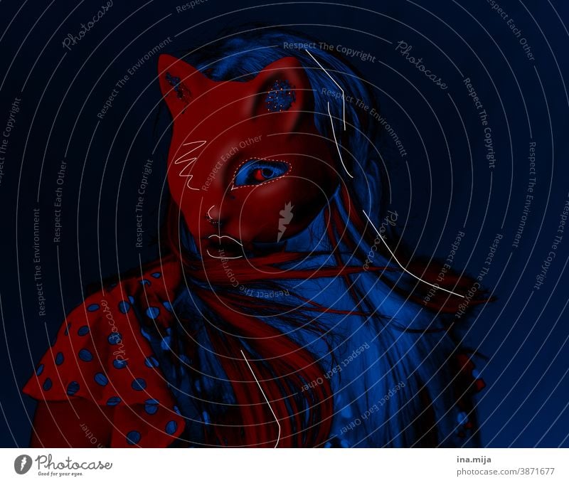 Meow II Artist Actor Stage play Surrealism Identity Dream world Cat Colour Femininity Hip & trendy Face Animal Man Party Red Blue Mask cat mask Cat person