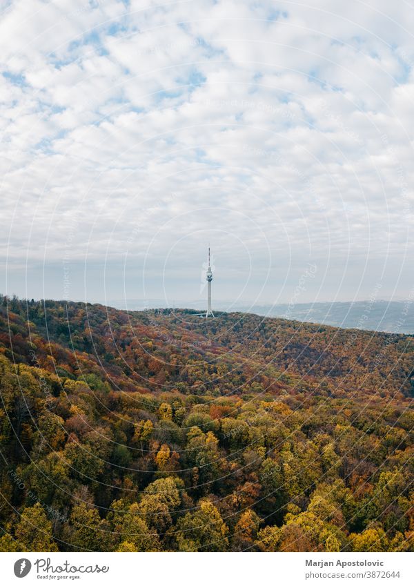 View of the Avala tower in autumn aerial antenna architecture avala beautiful belgrade blue broadcast broadcasting building clouds communication construction