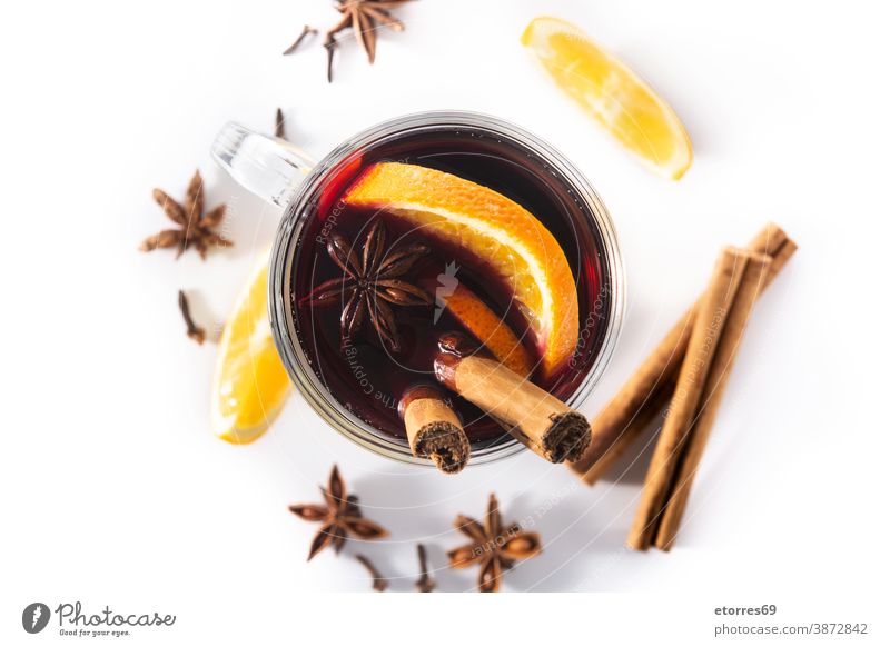 Traditional mulled wine with spices alcohol anise beverage celebration christmas cinnamon delicious drink festive glass holiday hot isolated orange rustic