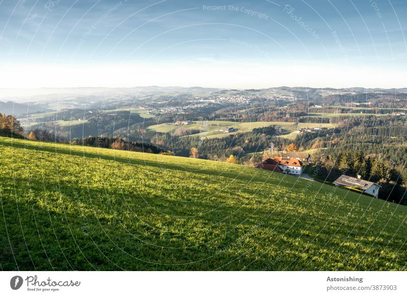 View of the Mühlviertel Landscape mill district Vantage point wide Green Grass panorama Landwirtaft Hill hilly country Meadow Lawn Sky Horizon Nature