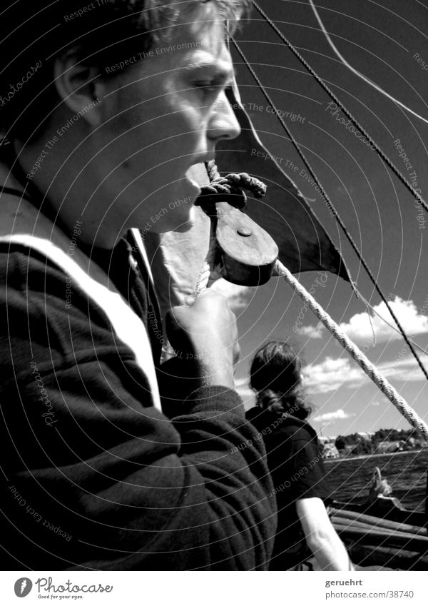 set sail Viking Ship Watercraft Deflecting roller Block Man Silhouette Effort knotted rahsegel Rope Face Profile Pull