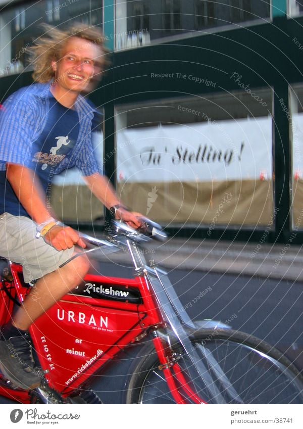 urban rickshaw Bicycle Rickshaw Red Man Forwards Driving Blur Summer Transport Laughter Movement