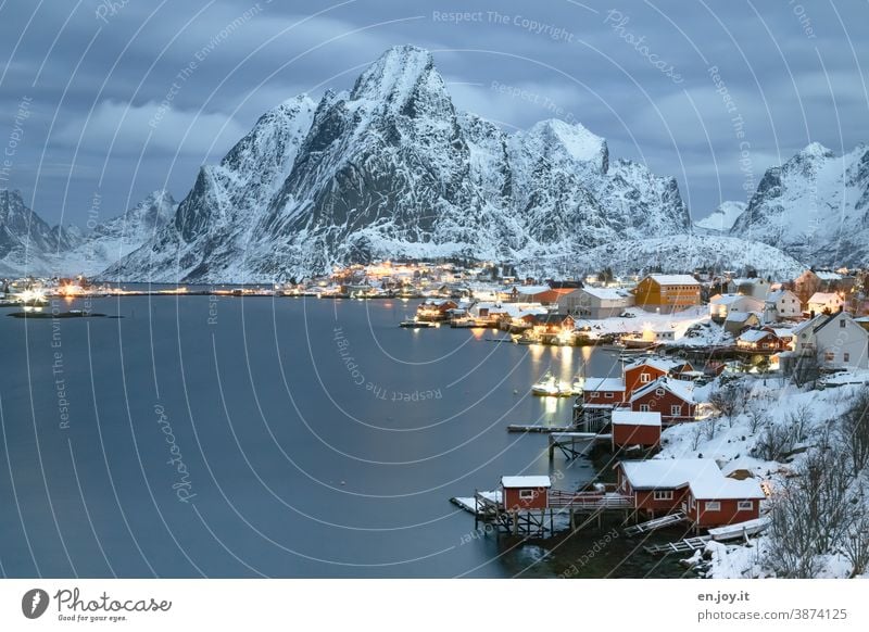 Pure on the Lofoten at the blue hour Reine Lofotes Norway Scandinavia Winter Snow Evening mountain Rorbuer Fjord Reinefjorden coast North Vacation & Travel