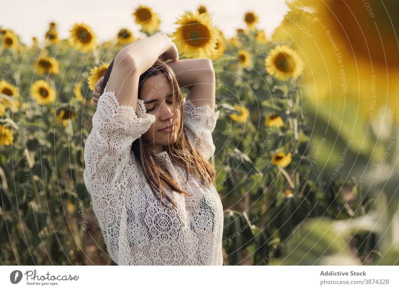 Graceful woman in sunflower field enjoy nature grace carefree tranquil summer female meadow bloom relax calm eyes closed peaceful harmony freedom blossom serene
