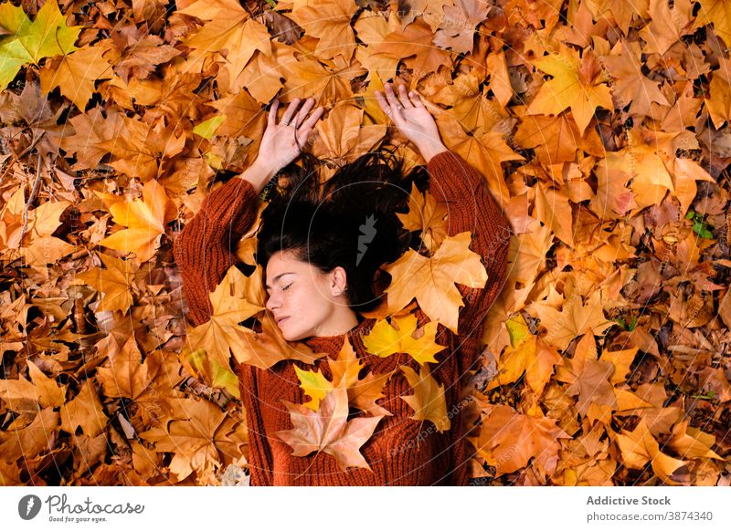 Young woman lying on autumn leaves in park foliage leaf maple chill relax color fall calm eyes closed sensual dream peaceful tranquil serene nature young female