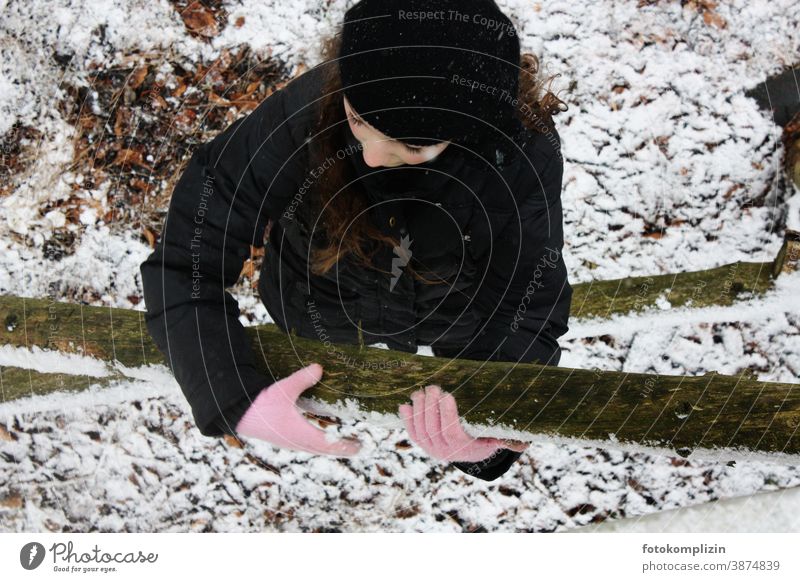 Girl with pink gloves in forest onset of winter Infancy chill Winter forest Winter's day Freeze Winter mood drift December cold season Cold Exterior shot Forest