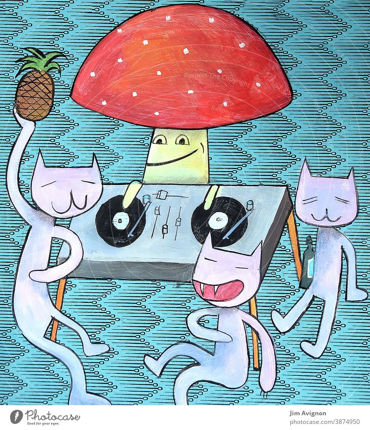 Small Party togetherness dancing Together dj Toadstool Music Mushroom Cocktail Cat Illustration Drinking celebration Pattern Dance floor Party mood electro