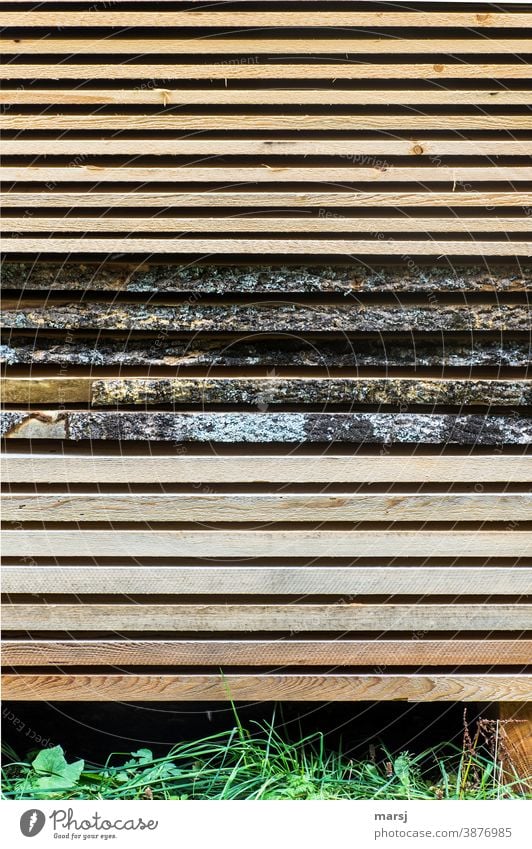 Stacked boards in three different variations. Board stacks Wood rough sawed Nature Dry neat Arrangement larch wood spruce Parallel about each other bark