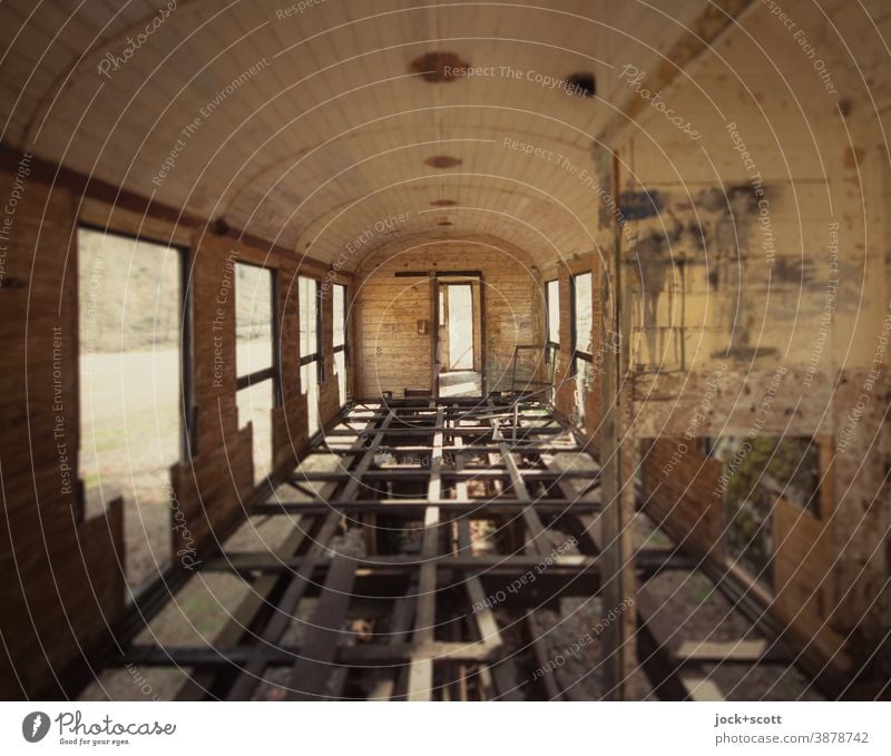 Wagon on the siding Railroad car ghost train Train Track Decline Transience Old Broken Subdued colour Wide angle Change Apocalyptic sentiment Train compartment